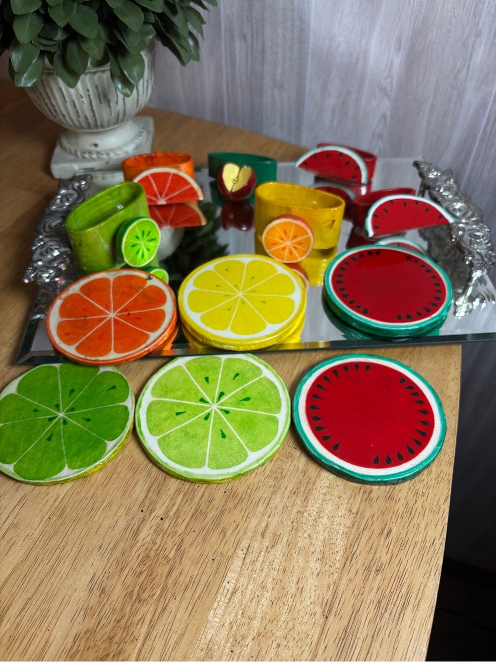 Vintage Reynero Mexico Hand Painted Wooden Fruit Coasters & Napkin Ring Set